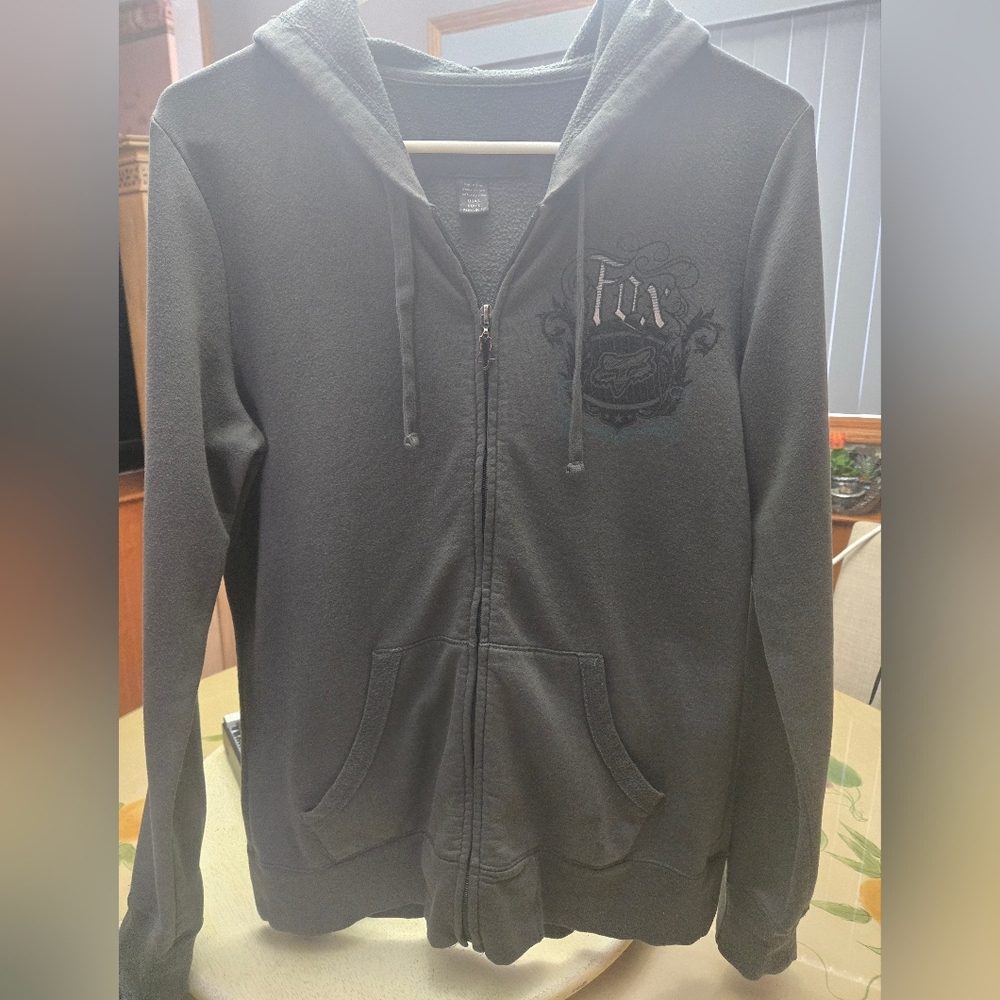 Fox Black Zip-Up Hoodie with Subtle Crest Women's Size Large
